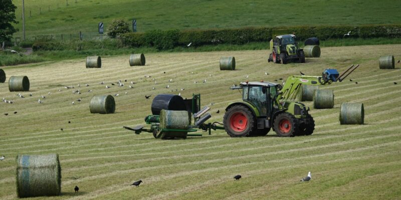 Tractors working in a field baling straw.
